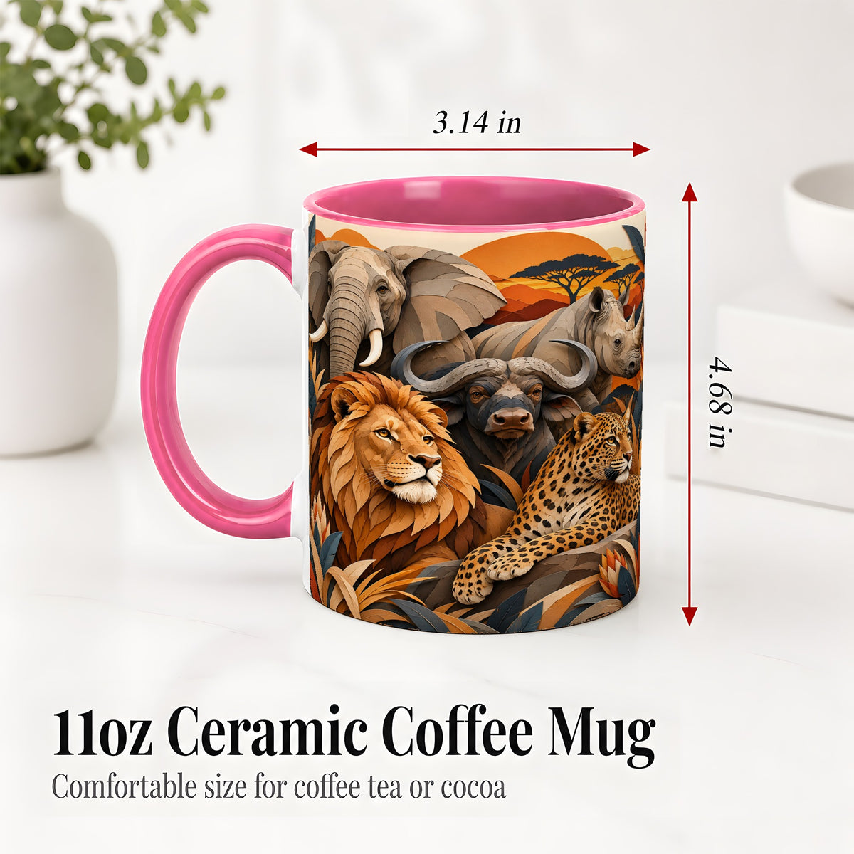 #pl[11oz|Pink] Safari Wildlife Ceramic Mug, African Animal Artwork for Nature Fans
