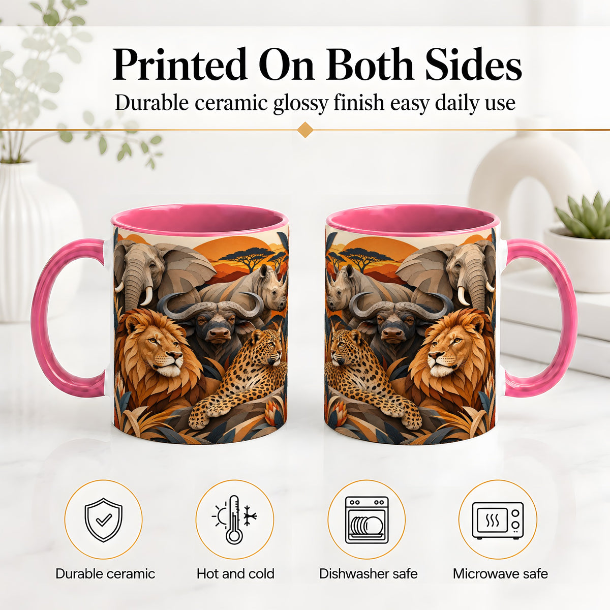 #pl[11oz|Pink] Safari Wildlife Ceramic Mug, African Animal Artwork for Nature Fans