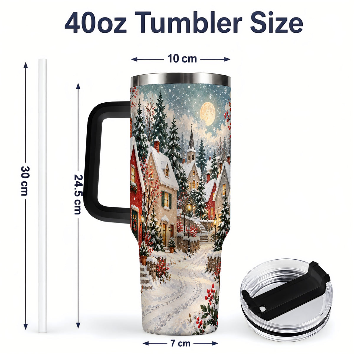 #pl[40oz|Black] Snowy Christmas Village 40oz Tumbler, Winter Cottage Drinkware