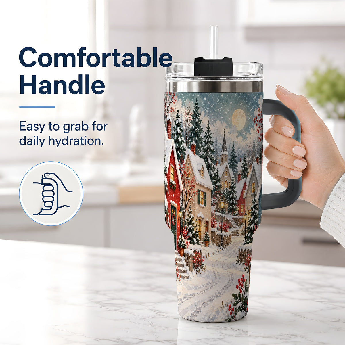 #pl[40oz|Black] Snowy Christmas Village 40oz Tumbler, Winter Cottage Drinkware