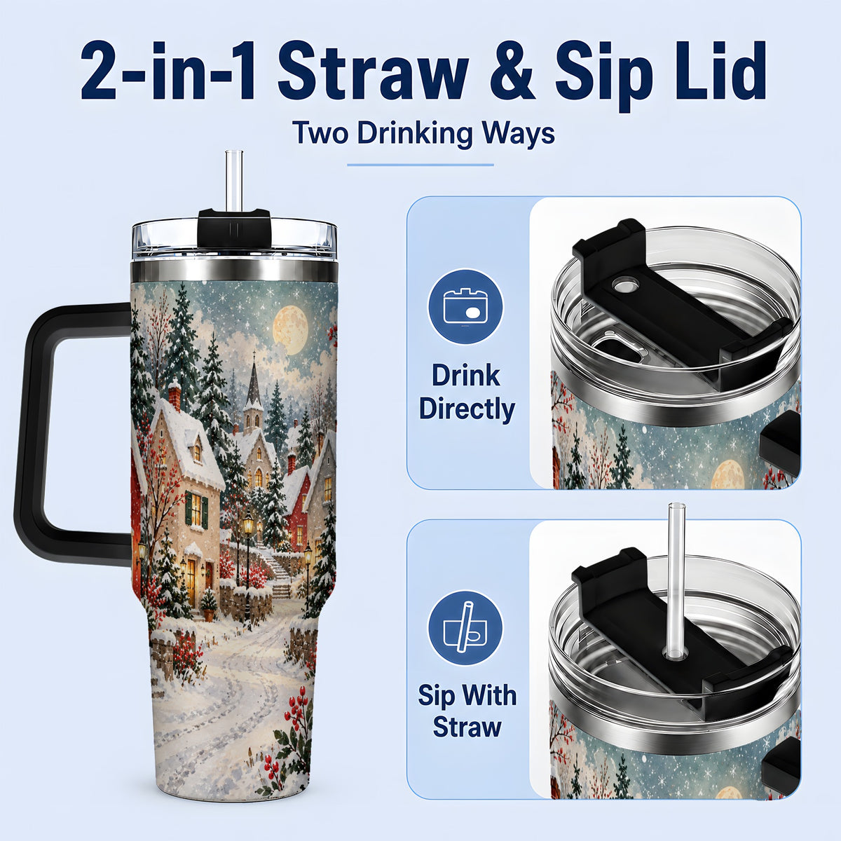 #pl[40oz|Black] Snowy Christmas Village 40oz Tumbler, Winter Cottage Drinkware