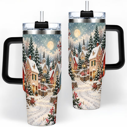#pl[40oz|Black] Snowy Christmas Village 40oz Tumbler, Winter Cottage Drinkware