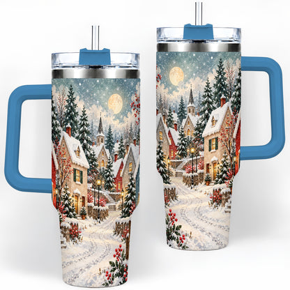 #pl[40oz|Blue] Snowy Christmas Village 40oz Tumbler, Winter Cottage Drinkware