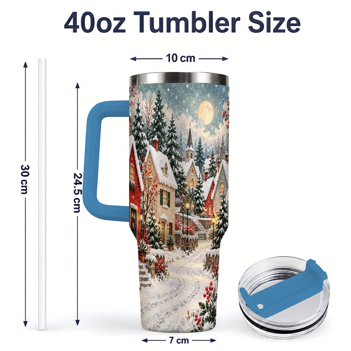 #pl[40oz|Blue] Snowy Christmas Village 40oz Tumbler, Winter Cottage Drinkware
