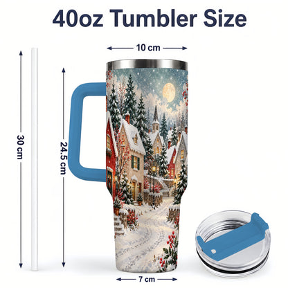 #pl[40oz|Blue] Snowy Christmas Village 40oz Tumbler, Winter Cottage Drinkware