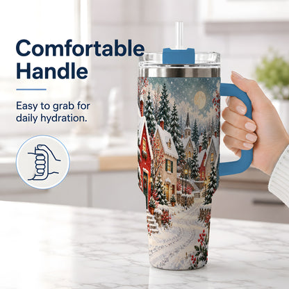 #pl[40oz|Blue] Snowy Christmas Village 40oz Tumbler, Winter Cottage Drinkware