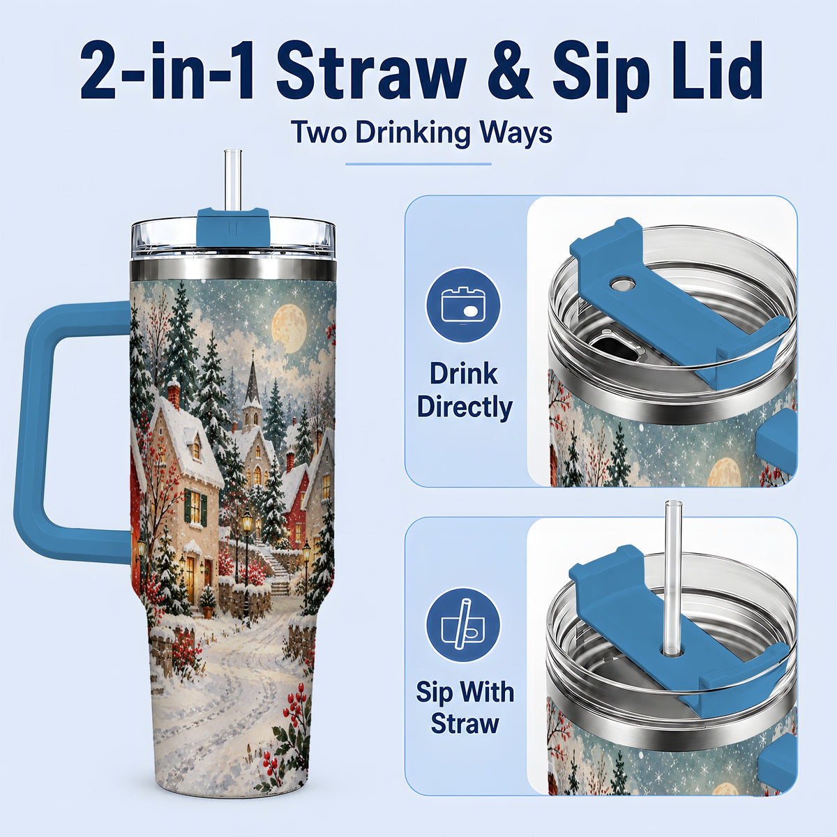 #pl[40oz|Blue] Snowy Christmas Village 40oz Tumbler, Winter Cottage Drinkware