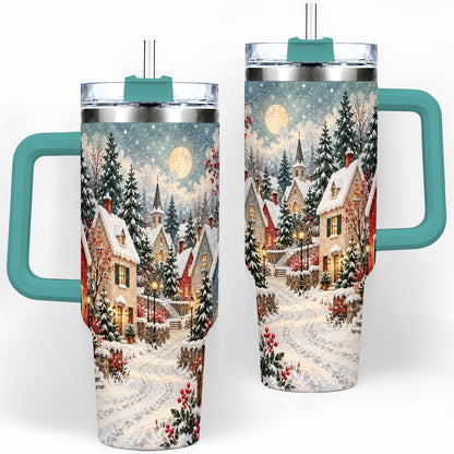 #pl[40oz|Green] Snowy Christmas Village 40oz Tumbler, Winter Cottage Drinkware
