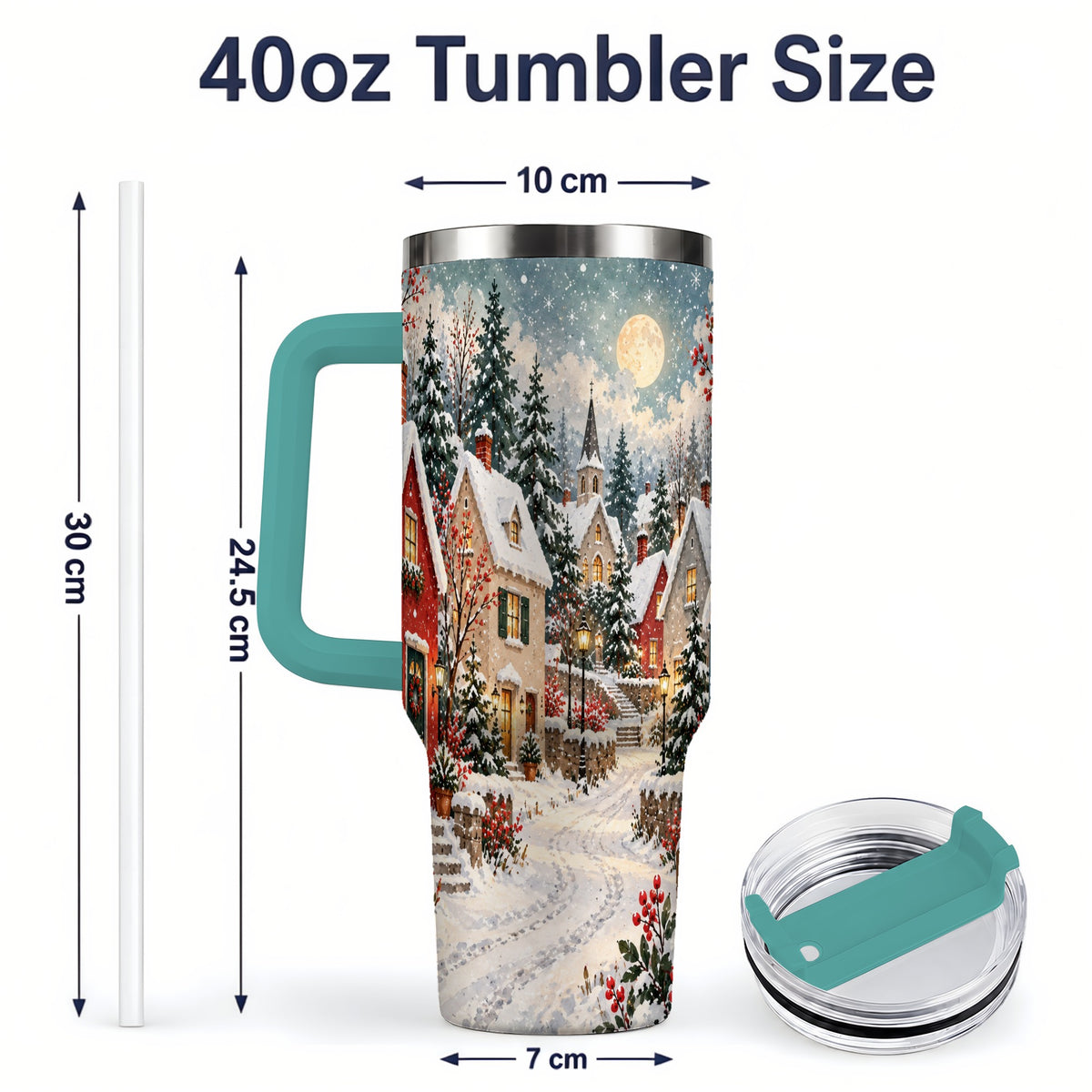 #pl[40oz|Green] Snowy Christmas Village 40oz Tumbler, Winter Cottage Drinkware