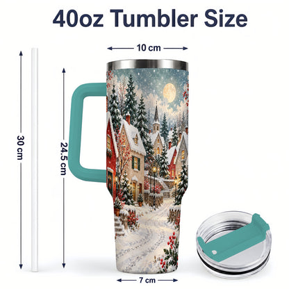 #pl[40oz|Green] Snowy Christmas Village 40oz Tumbler, Winter Cottage Drinkware