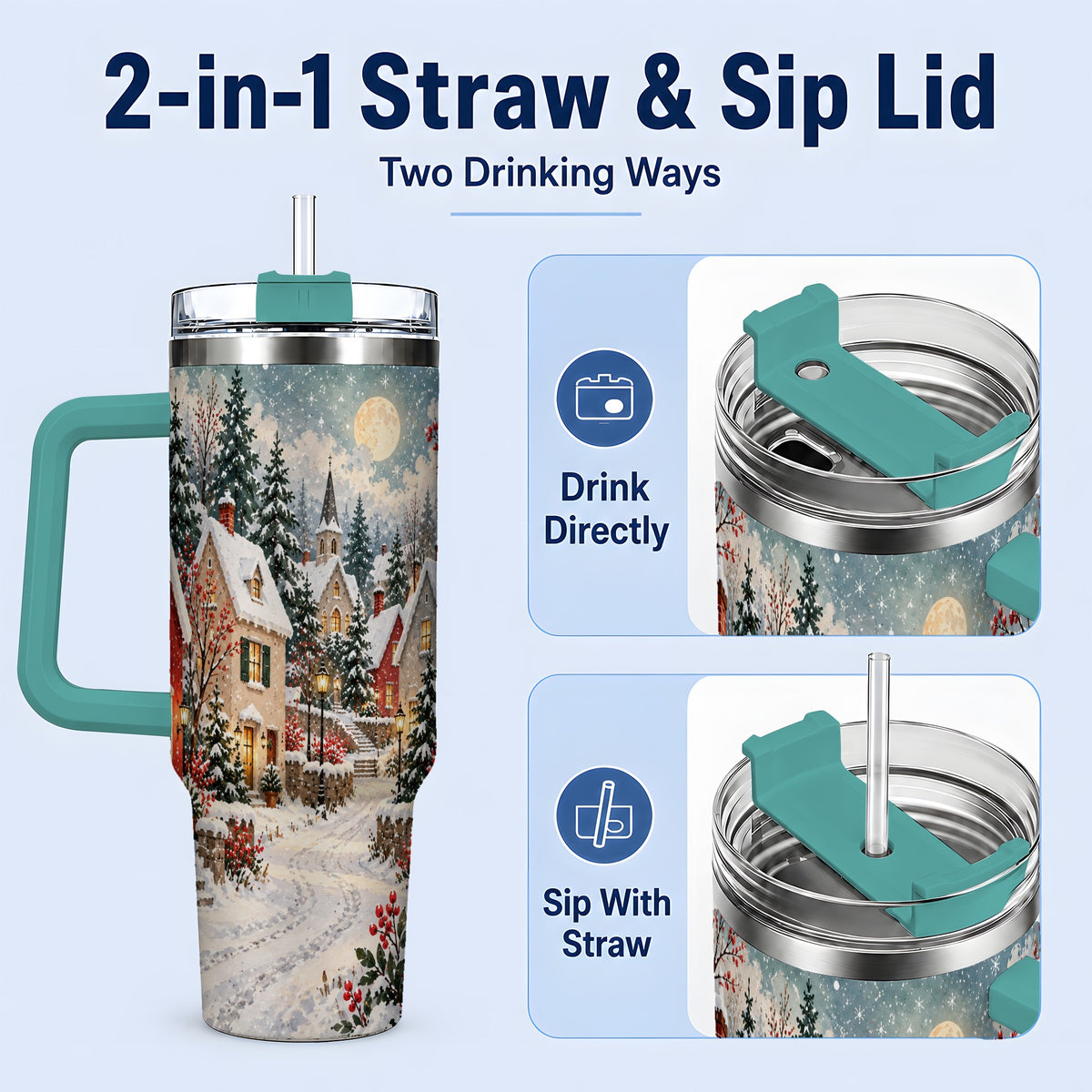 #pl[40oz|Green] Snowy Christmas Village 40oz Tumbler, Winter Cottage Drinkware