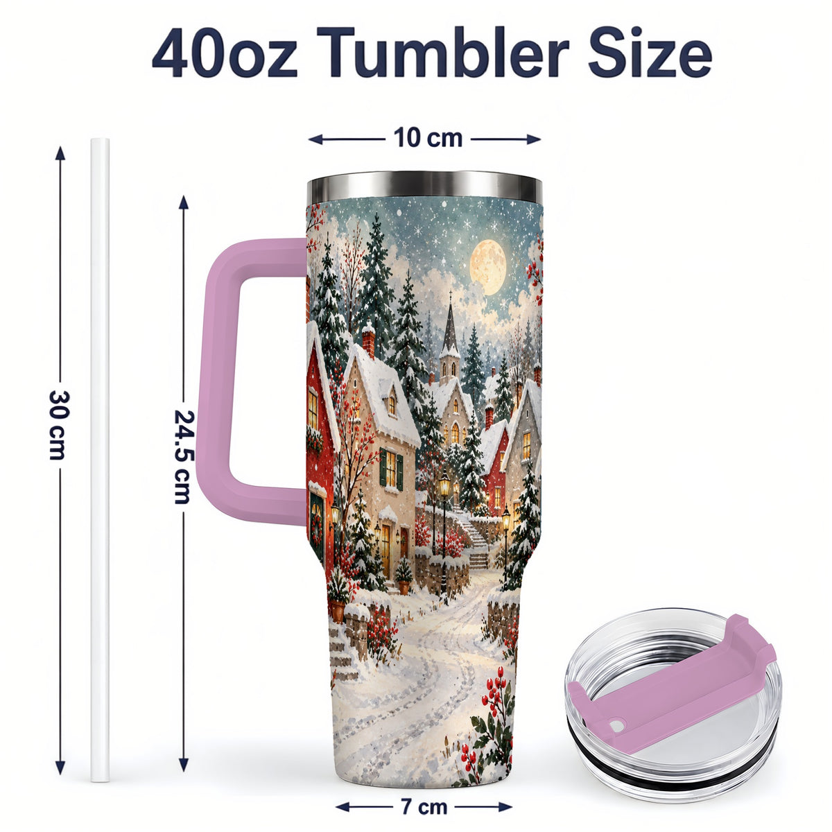 #pl[40oz|Pink] Snowy Christmas Village 40oz Tumbler, Winter Cottage Drinkware