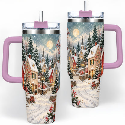 #pl[40oz|Pink] Snowy Christmas Village 40oz Tumbler, Winter Cottage Drinkware
