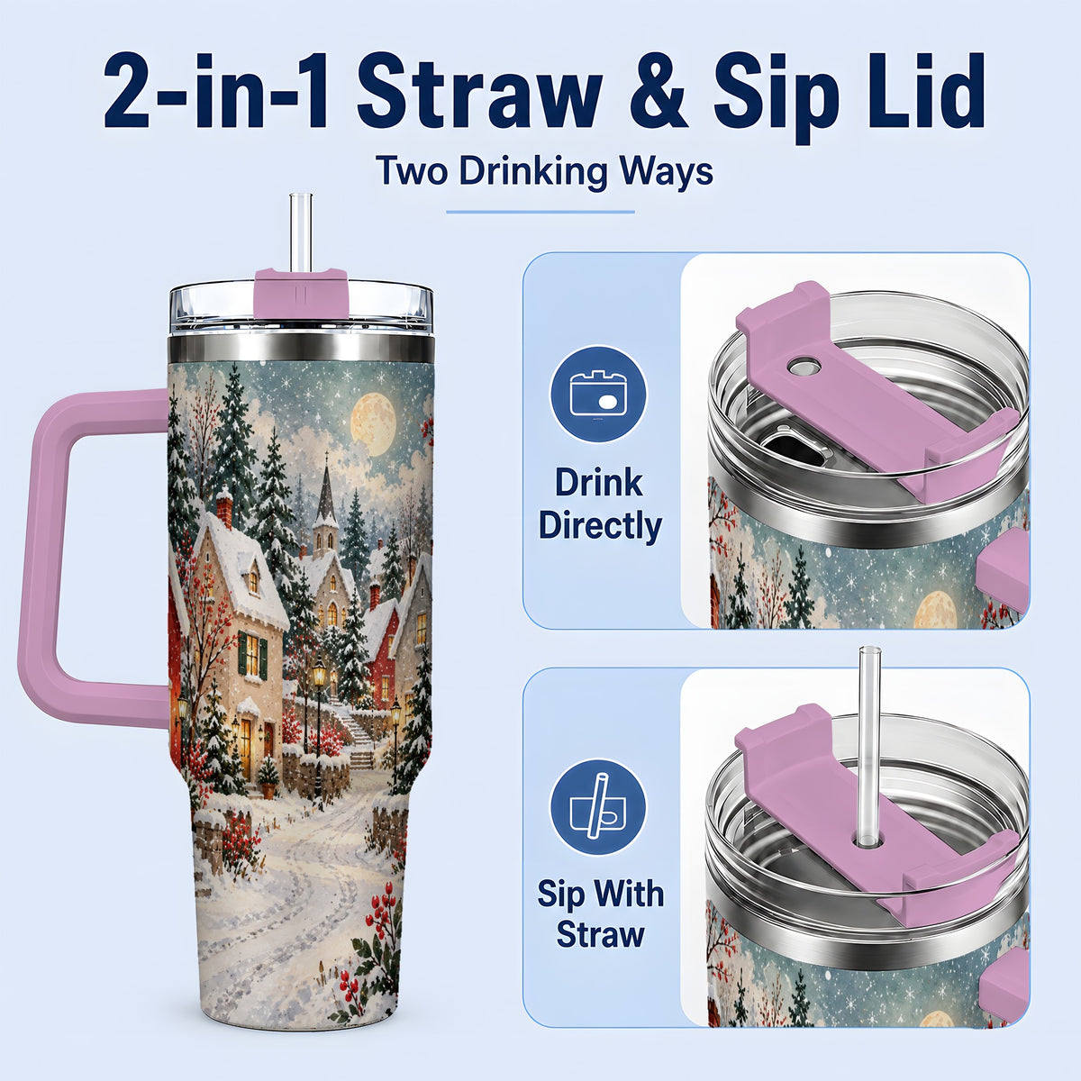 #pl[40oz|Pink] Snowy Christmas Village 40oz Tumbler, Winter Cottage Drinkware