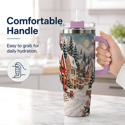 #pl[40oz|Pink] Snowy Christmas Village 40oz Tumbler, Winter Cottage Drinkware