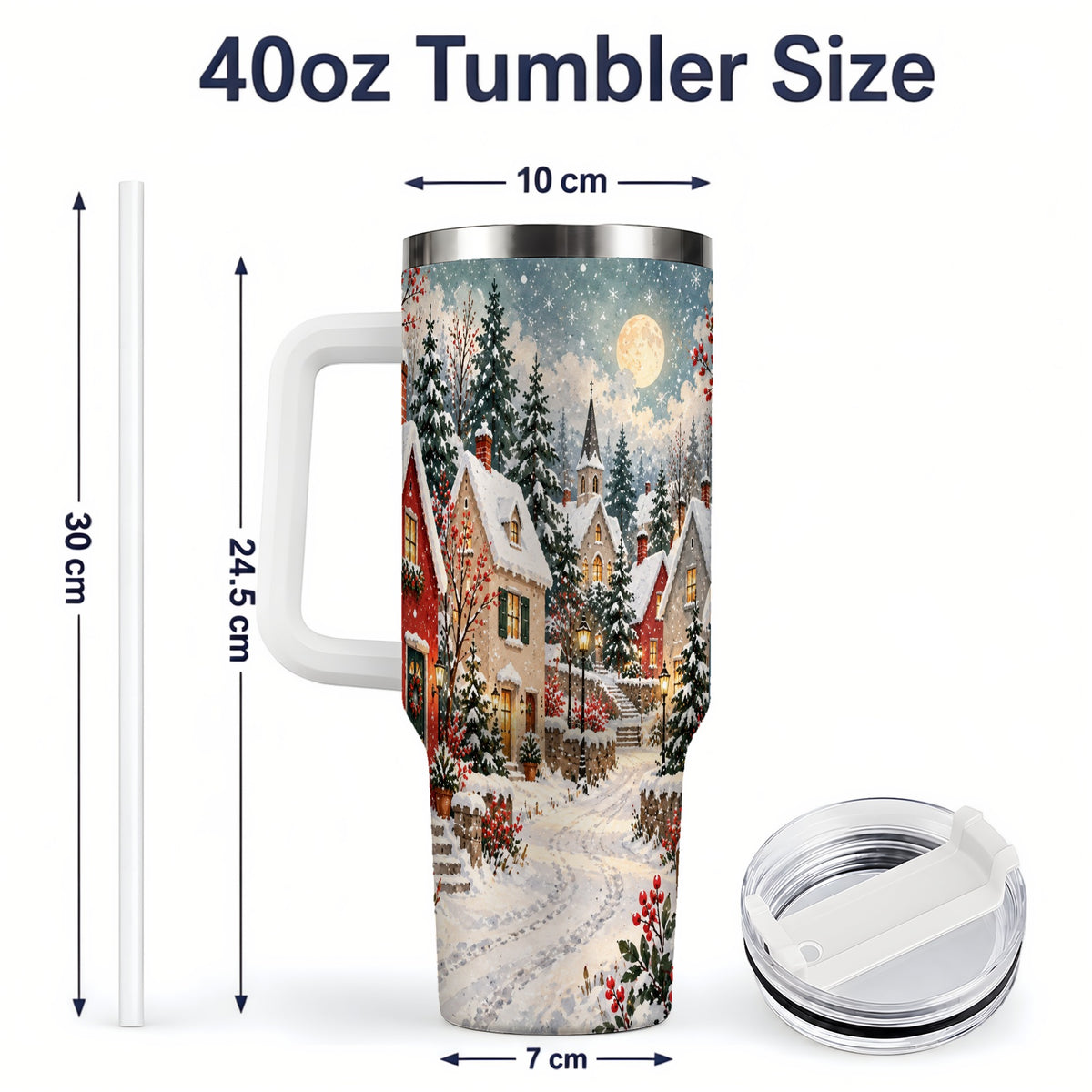 #pl[40oz|White] Snowy Christmas Village 40oz Tumbler, Winter Cottage Drinkware