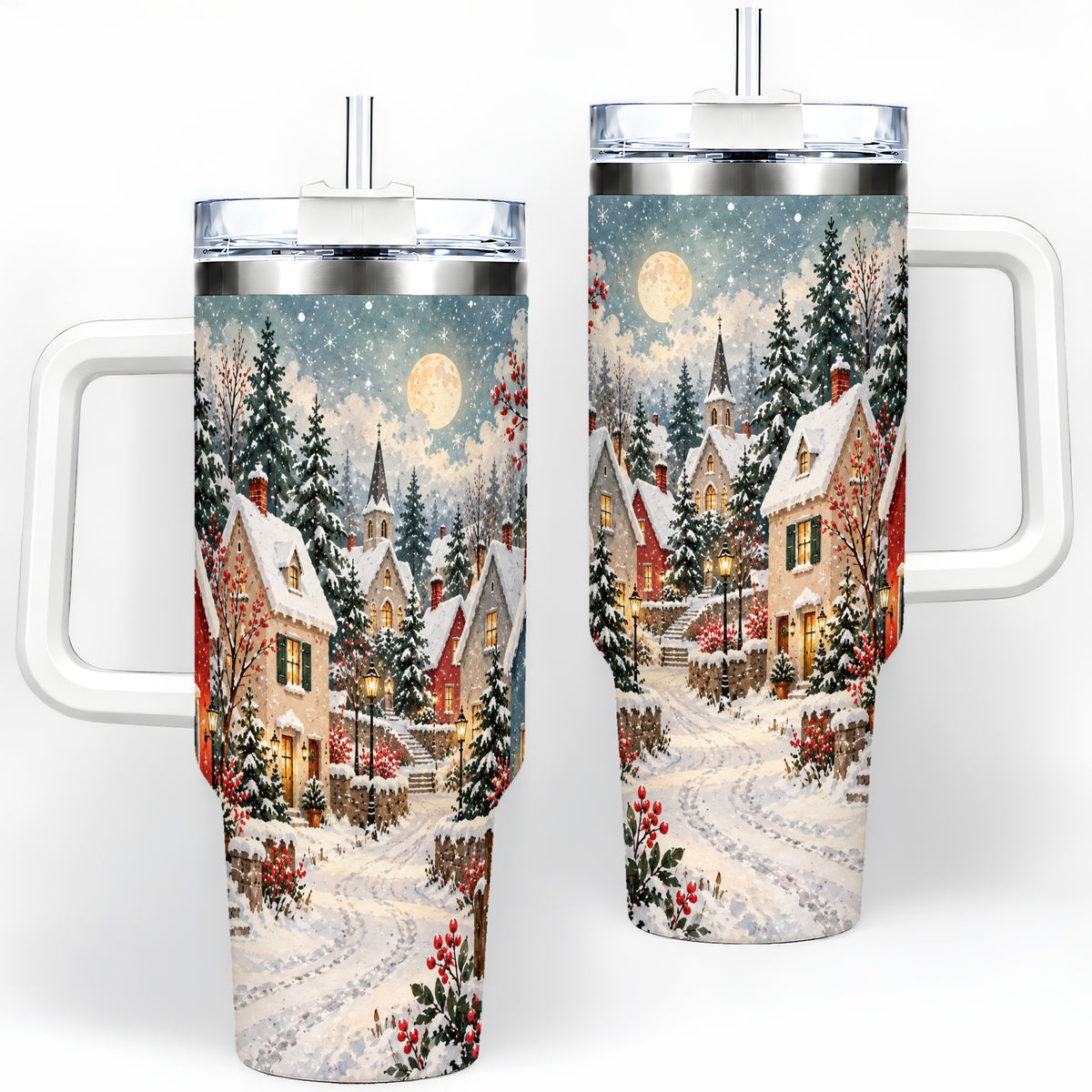 Snowy Christmas Village 40oz Tumbler, Winter Cottage Drinkware