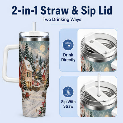 #pl[40oz|White] Snowy Christmas Village 40oz Tumbler, Winter Cottage Drinkware