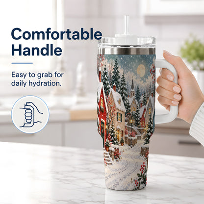 #pl[40oz|White] Snowy Christmas Village 40oz Tumbler, Winter Cottage Drinkware
