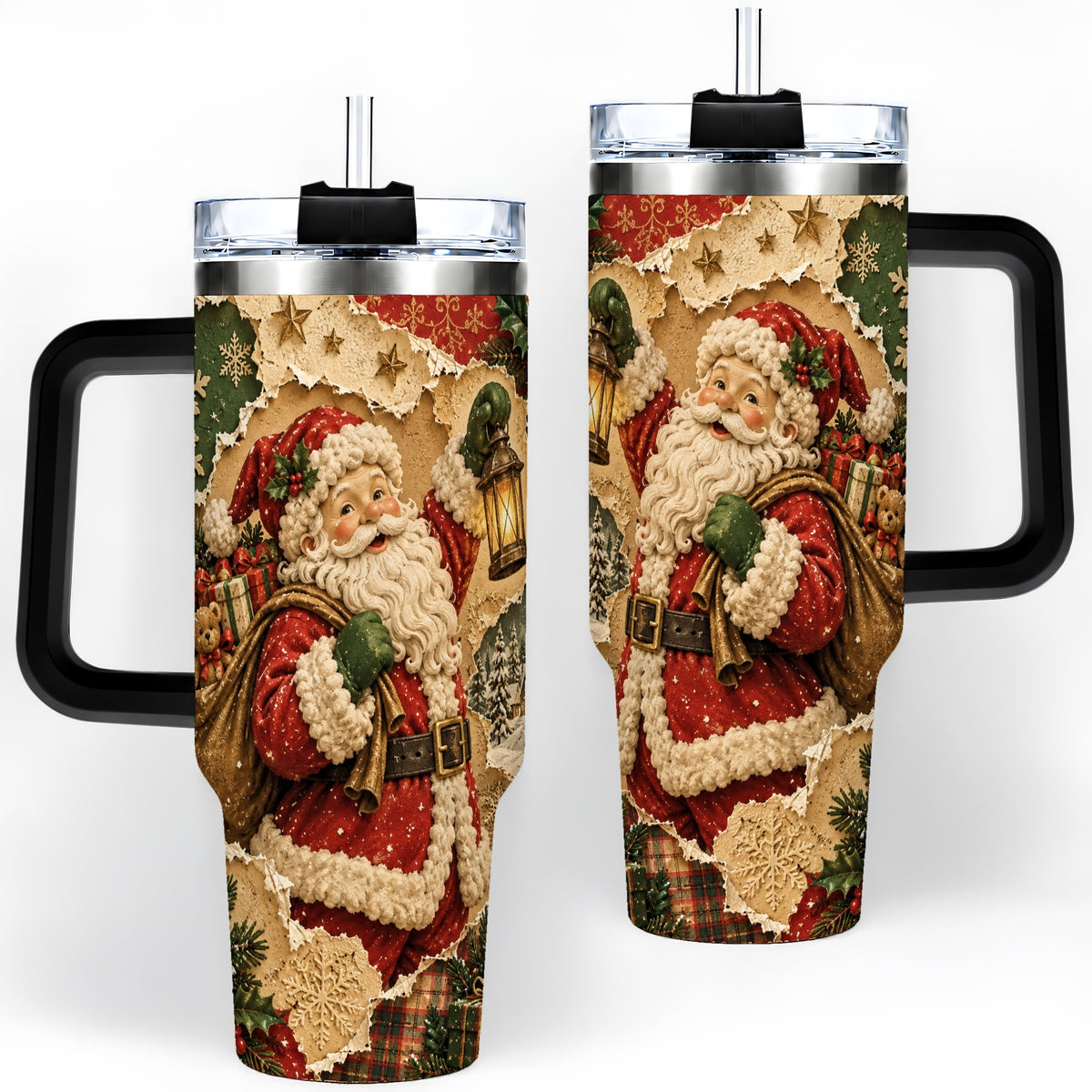 #pl[40oz|Black] Vintage Christmas Santa 40oz Tumbler, Holiday Collage Drinkware