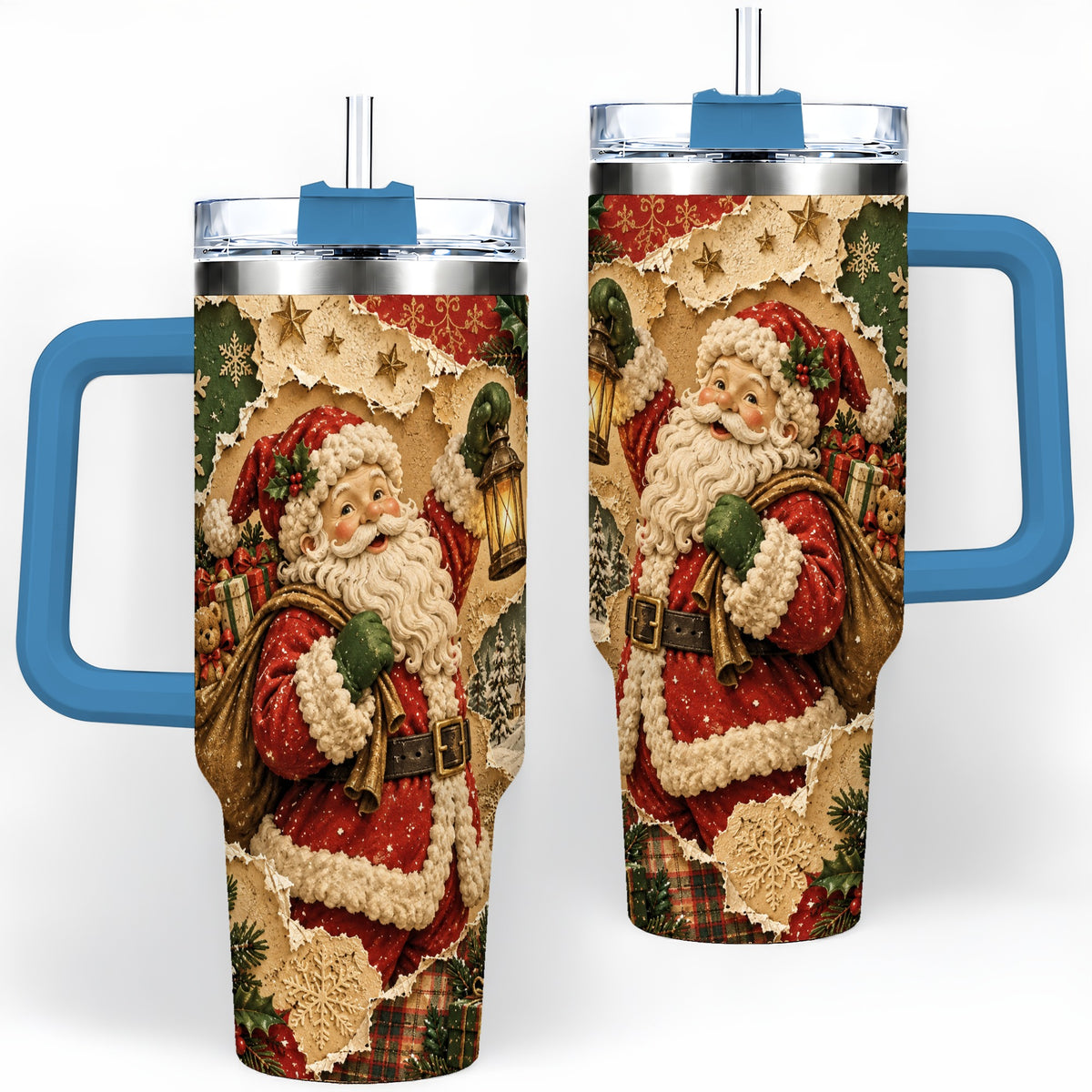 #pl[40oz|Blue] Vintage Christmas Santa 40oz Tumbler, Holiday Collage Drinkware