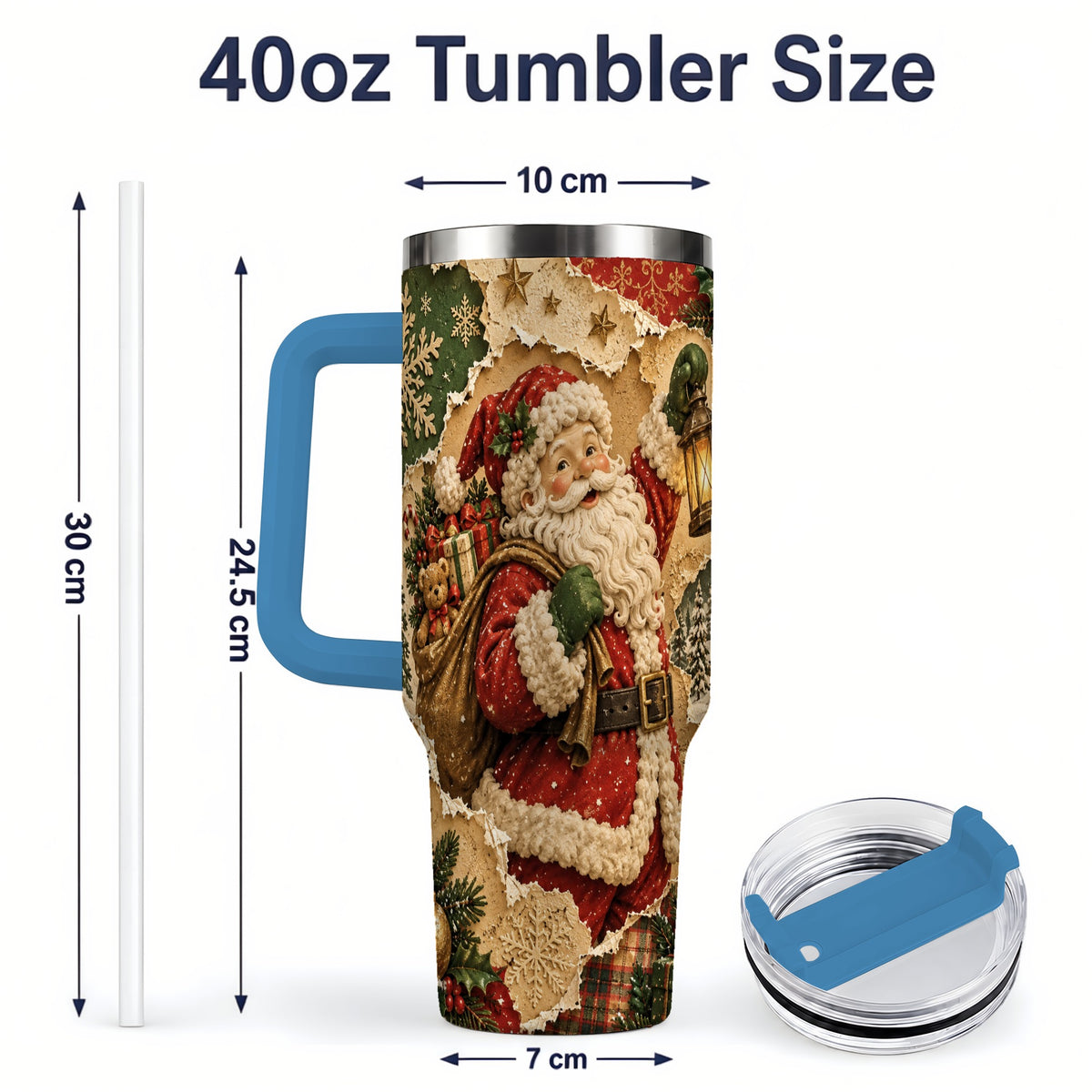 #pl[40oz|Blue] Vintage Christmas Santa 40oz Tumbler, Holiday Collage Drinkware