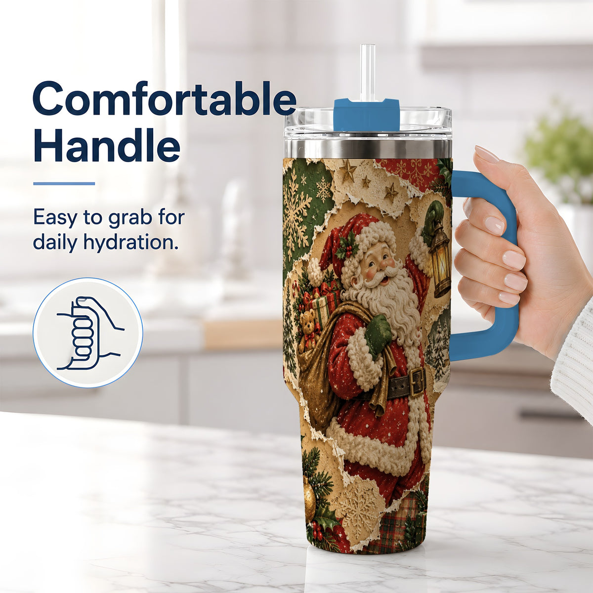 #pl[40oz|Blue] Vintage Christmas Santa 40oz Tumbler, Holiday Collage Drinkware