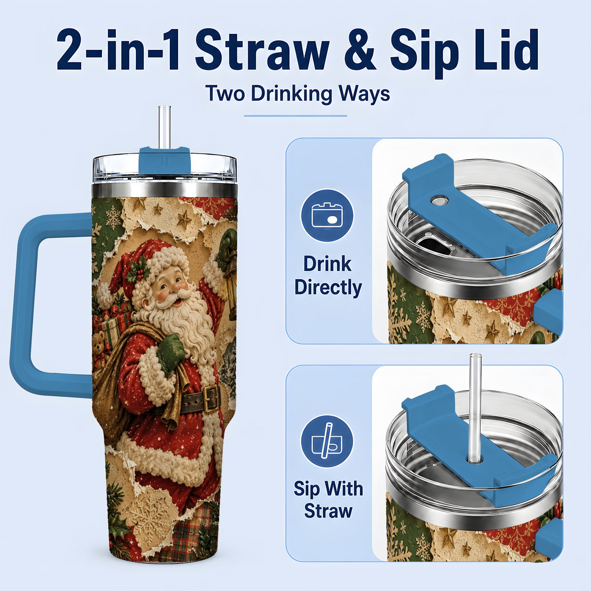 #pl[40oz|Blue] Vintage Christmas Santa 40oz Tumbler, Holiday Collage Drinkware
