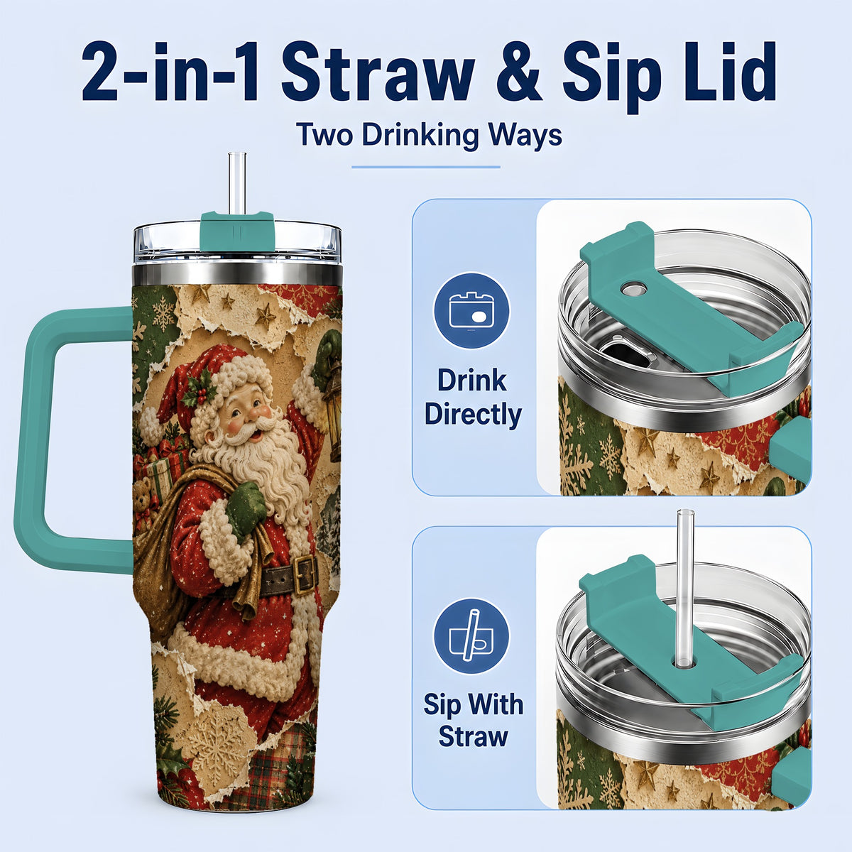 #pl[40oz|Green] Vintage Christmas Santa 40oz Tumbler, Holiday Collage Drinkware
