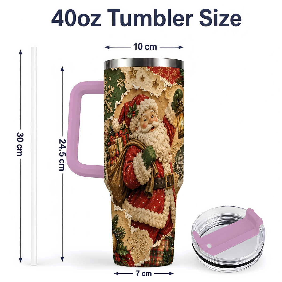 #pl[40oz|Pink] Vintage Christmas Santa 40oz Tumbler, Holiday Collage Drinkware