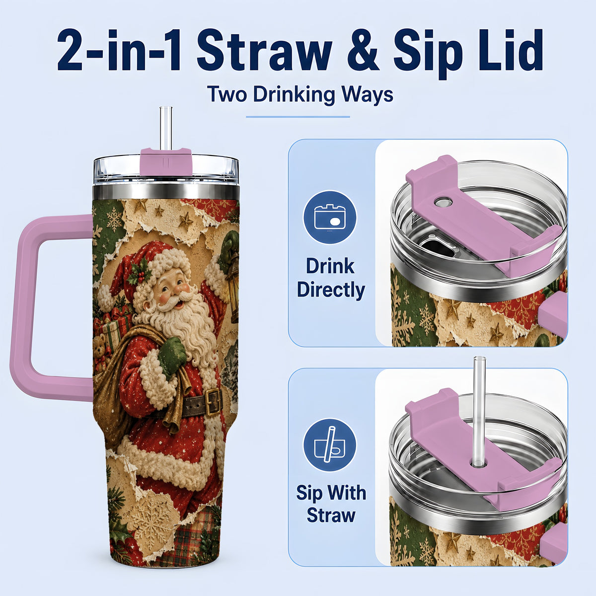 #pl[40oz|Pink] Vintage Christmas Santa 40oz Tumbler, Holiday Collage Drinkware