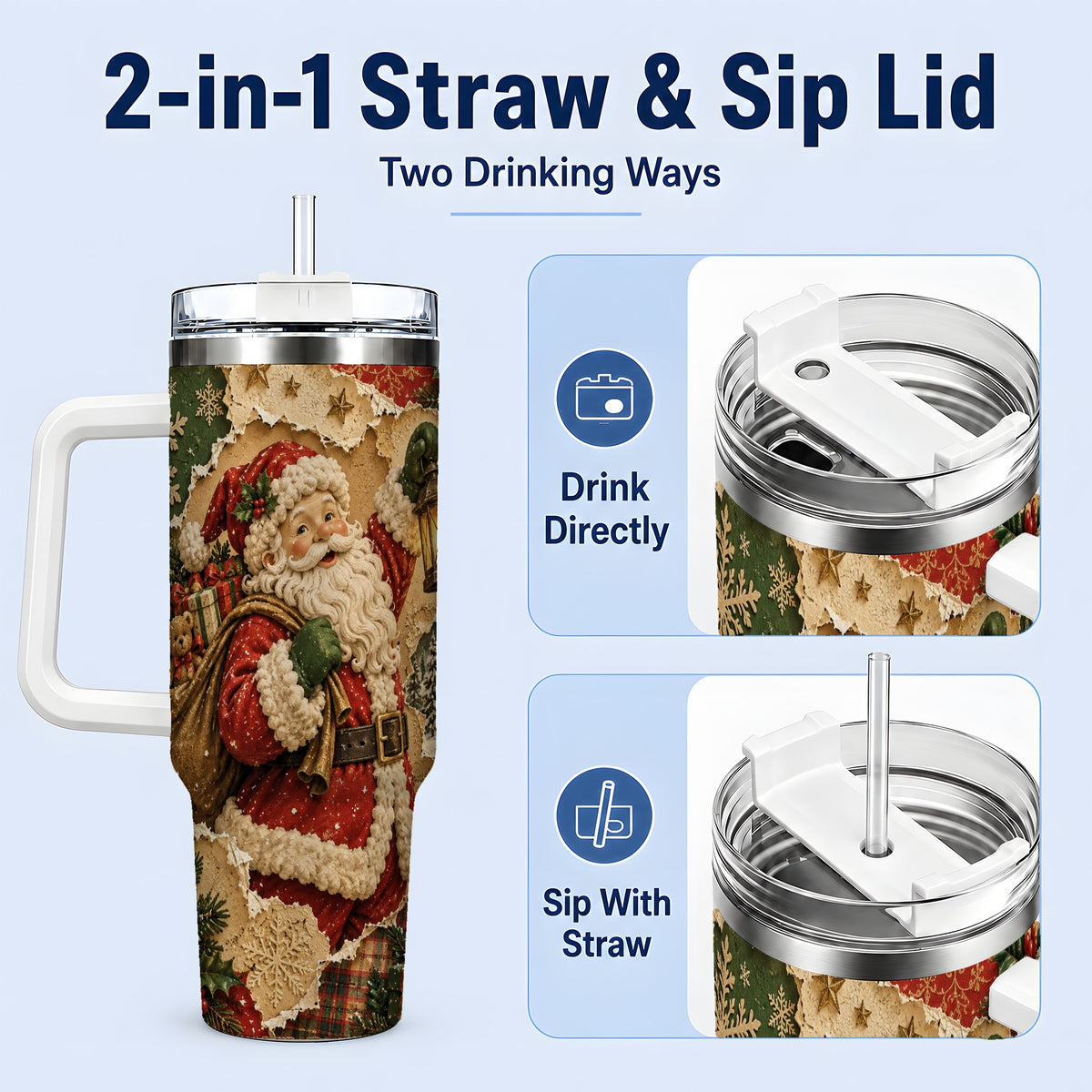 #pl[40oz|White] Vintage Christmas Santa 40oz Tumbler, Holiday Collage Drinkware