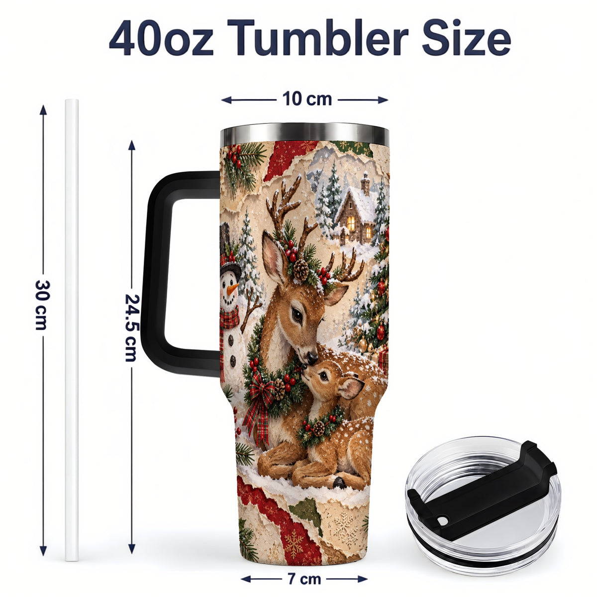 #pl[40oz|Black] Christmas Deer 40oz Tumbler, Snowman Snowy Woodland Holiday Artwork