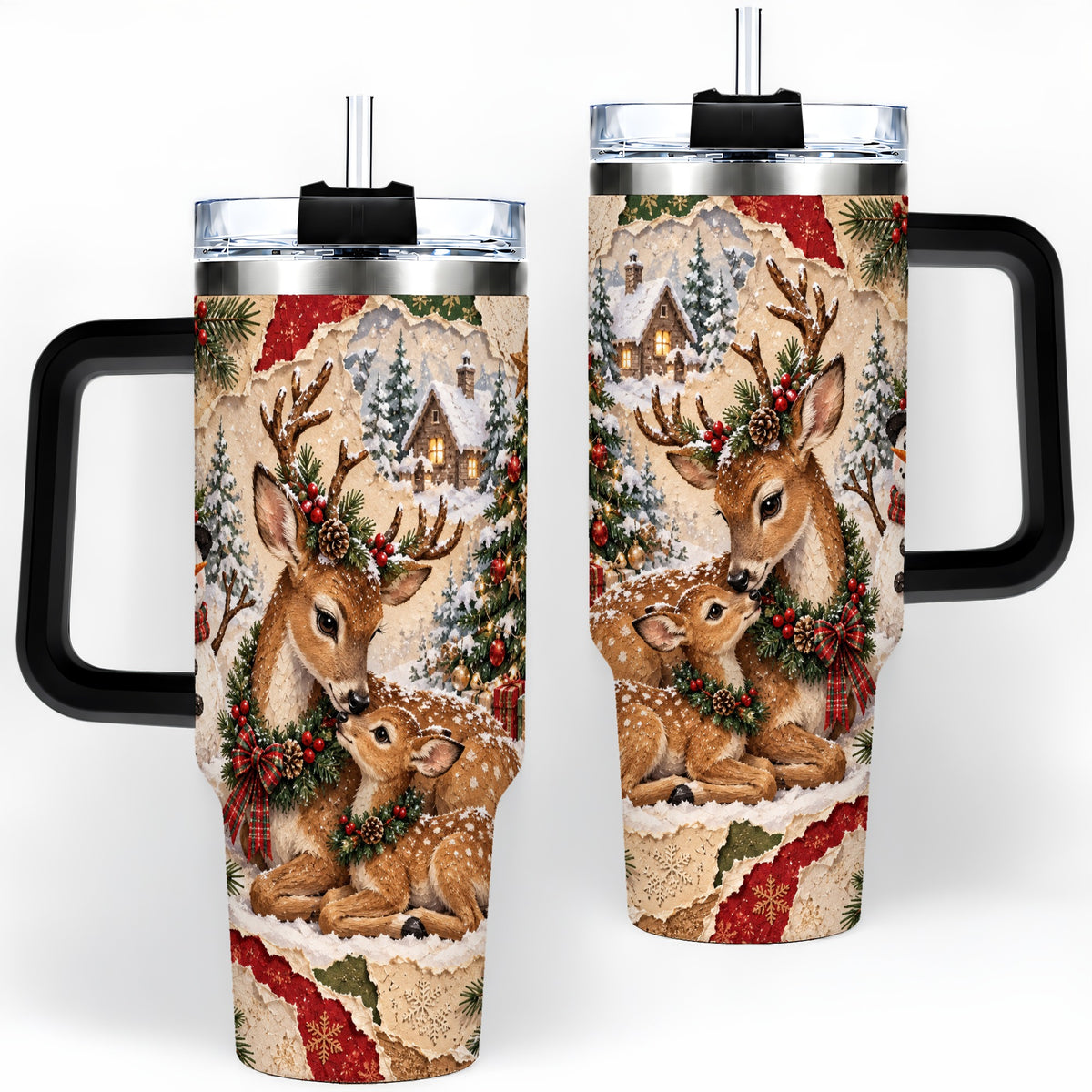 #pl[40oz|Black] Christmas Deer 40oz Tumbler, Snowman Snowy Woodland Holiday Artwork