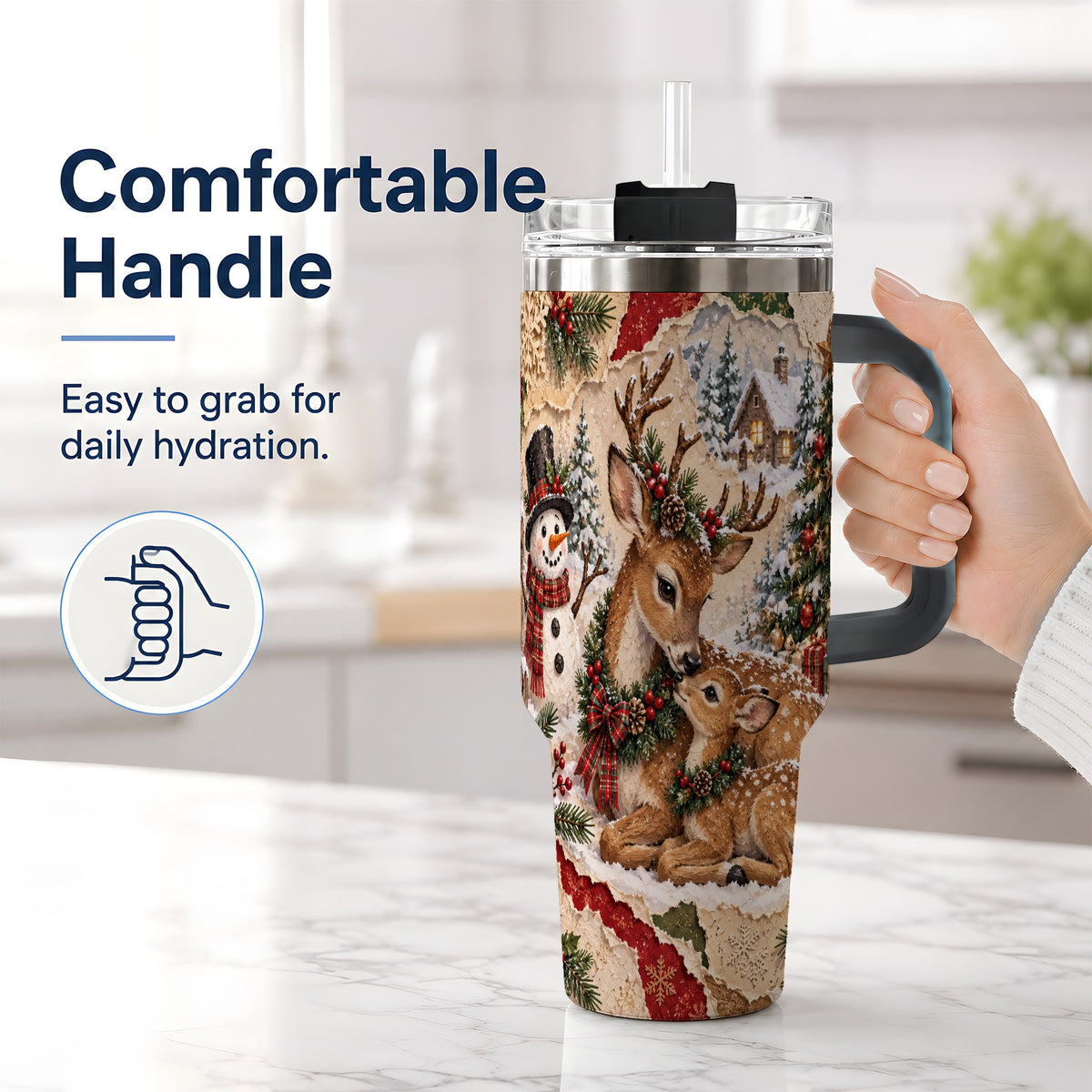 #pl[40oz|Black] Christmas Deer 40oz Tumbler, Snowman Snowy Woodland Holiday Artwork