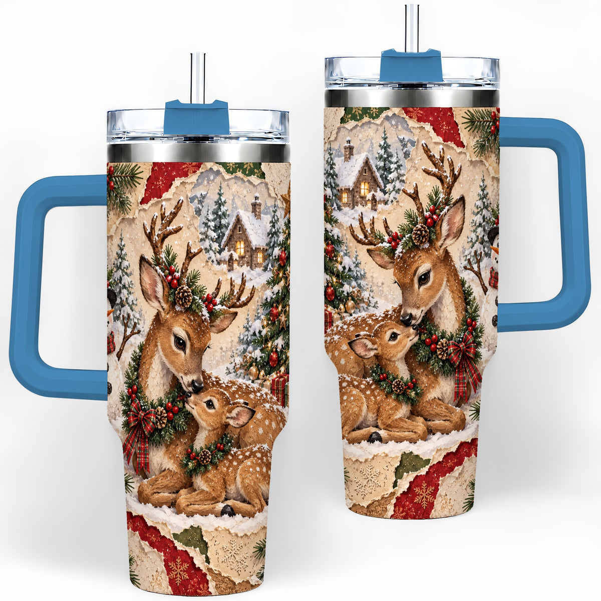 #pl[40oz|Blue] Christmas Deer 40oz Tumbler, Snowman Snowy Woodland Holiday Artwork
