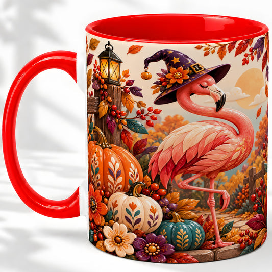 Halloween Flamingo Ceramic Mug, Witch Hat Pumpkin Art for Fall Fans