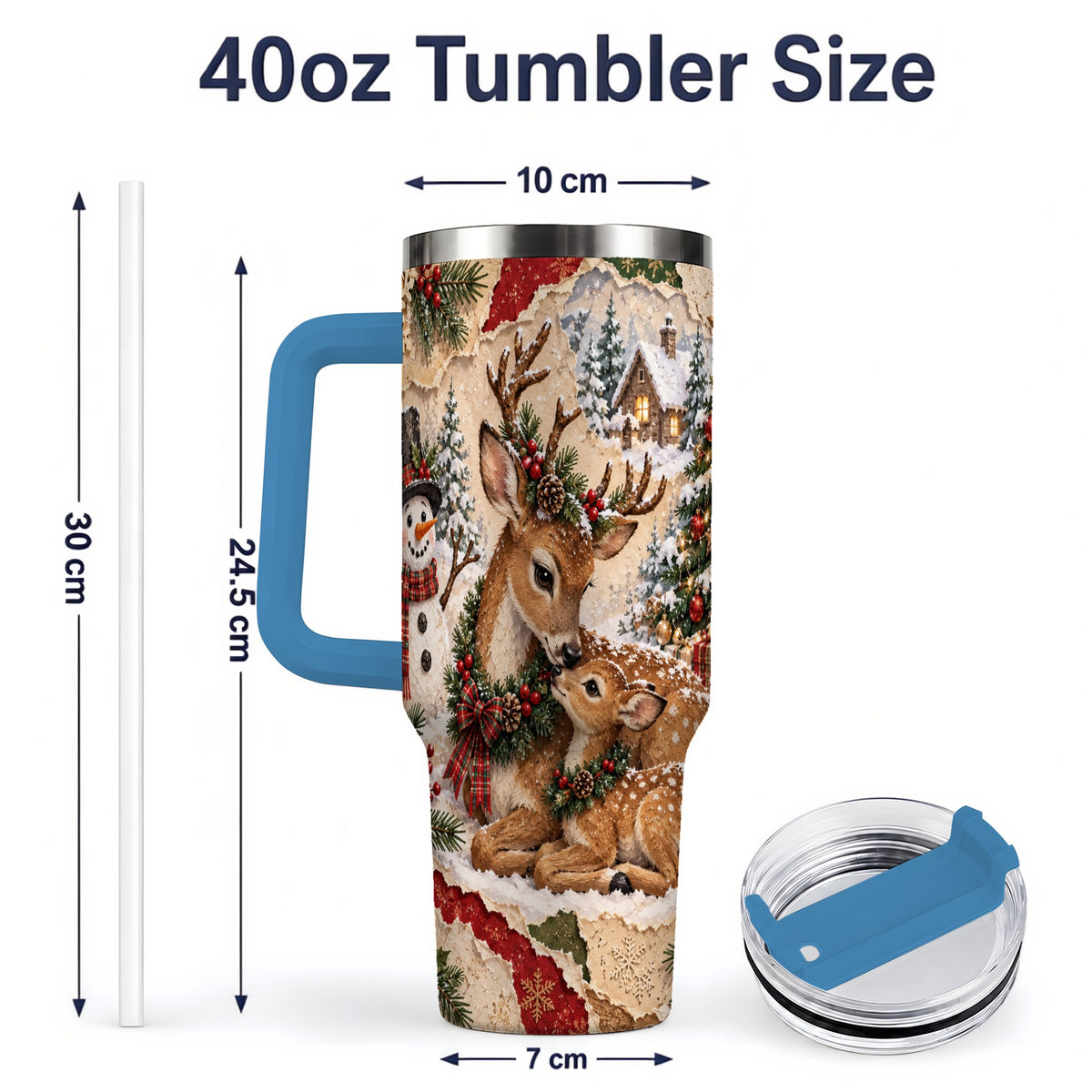 #pl[40oz|Blue] Christmas Deer 40oz Tumbler, Snowman Snowy Woodland Holiday Artwork