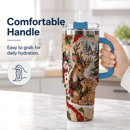 #pl[40oz|Blue] Christmas Deer 40oz Tumbler, Snowman Snowy Woodland Holiday Artwork