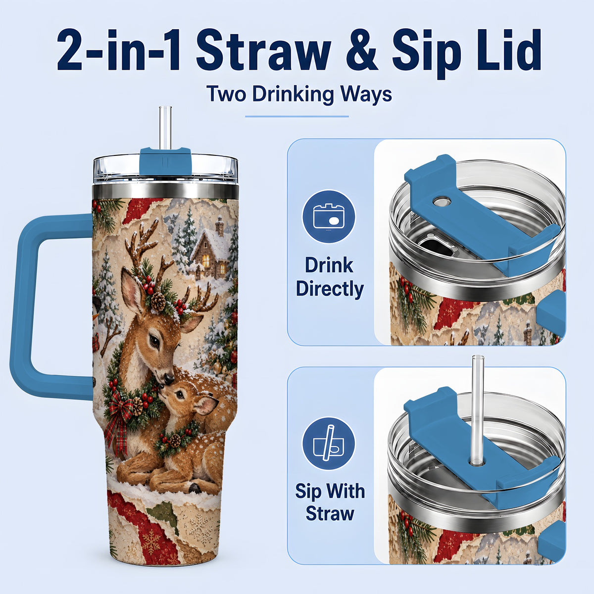#pl[40oz|Blue] Christmas Deer 40oz Tumbler, Snowman Snowy Woodland Holiday Artwork