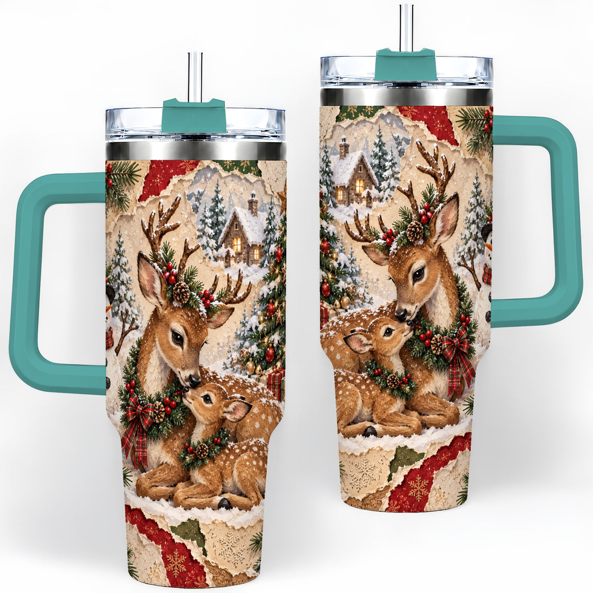 #pl[40oz|Green] Christmas Deer 40oz Tumbler, Snowman Snowy Woodland Holiday Artwork