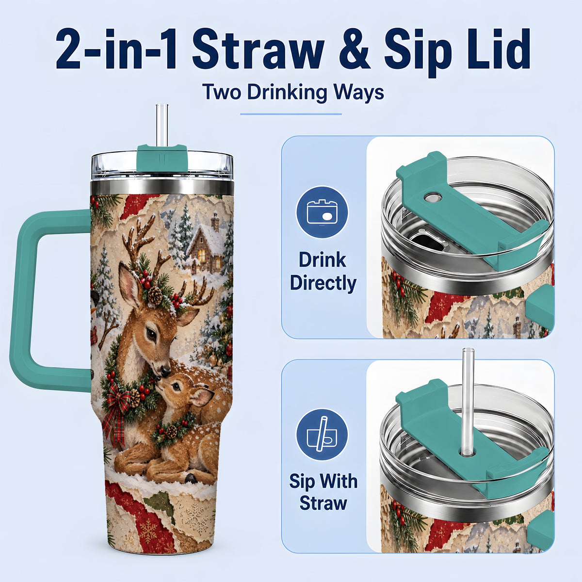 #pl[40oz|Green] Christmas Deer 40oz Tumbler, Snowman Snowy Woodland Holiday Artwork