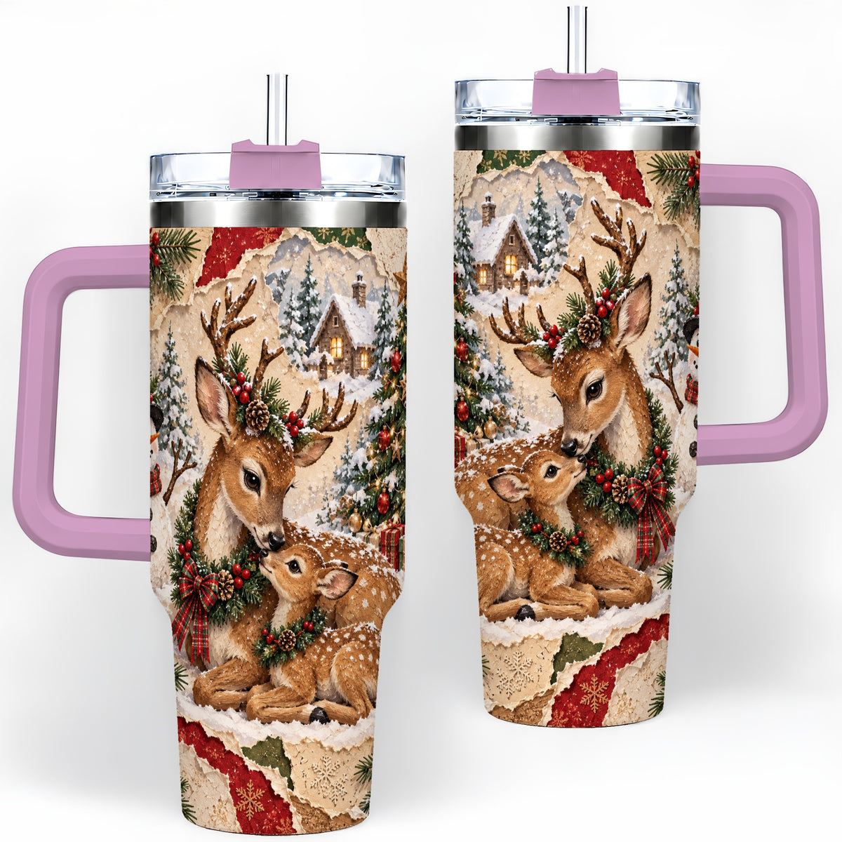 #pl[40oz|Pink] Christmas Deer 40oz Tumbler, Snowman Snowy Woodland Holiday Artwork