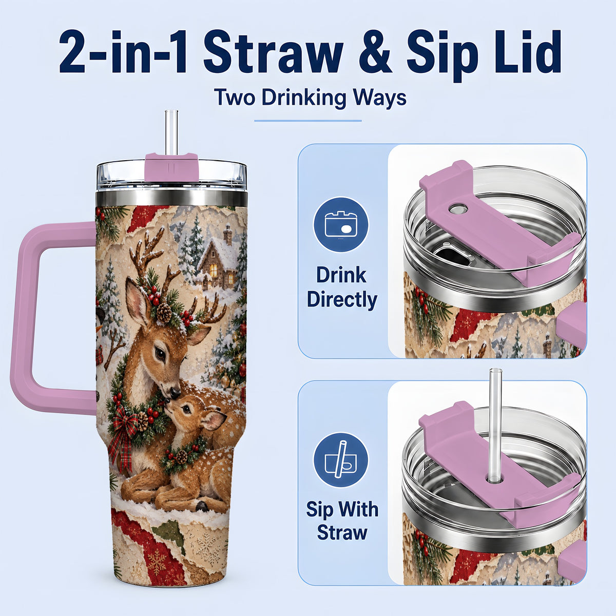 #pl[40oz|Pink] Christmas Deer 40oz Tumbler, Snowman Snowy Woodland Holiday Artwork