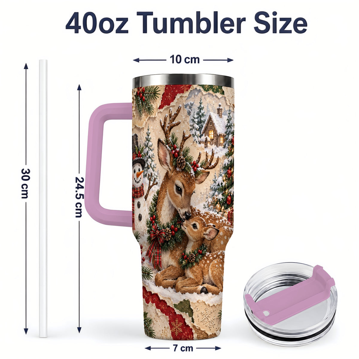 #pl[40oz|Pink] Christmas Deer 40oz Tumbler, Snowman Snowy Woodland Holiday Artwork