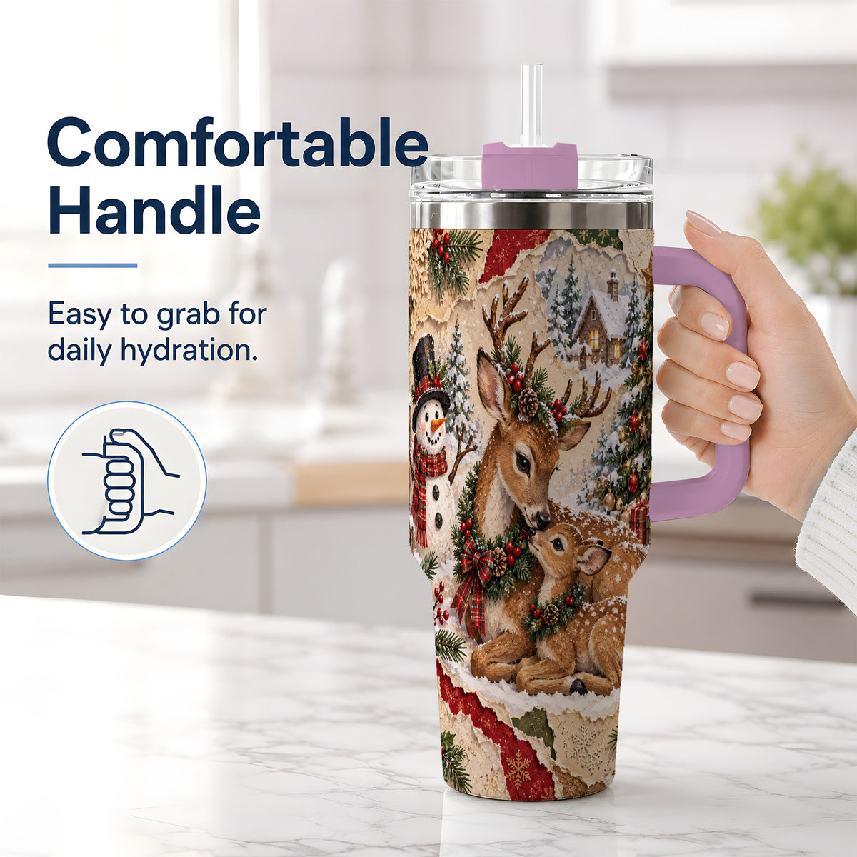 #pl[40oz|Pink] Christmas Deer 40oz Tumbler, Snowman Snowy Woodland Holiday Artwork