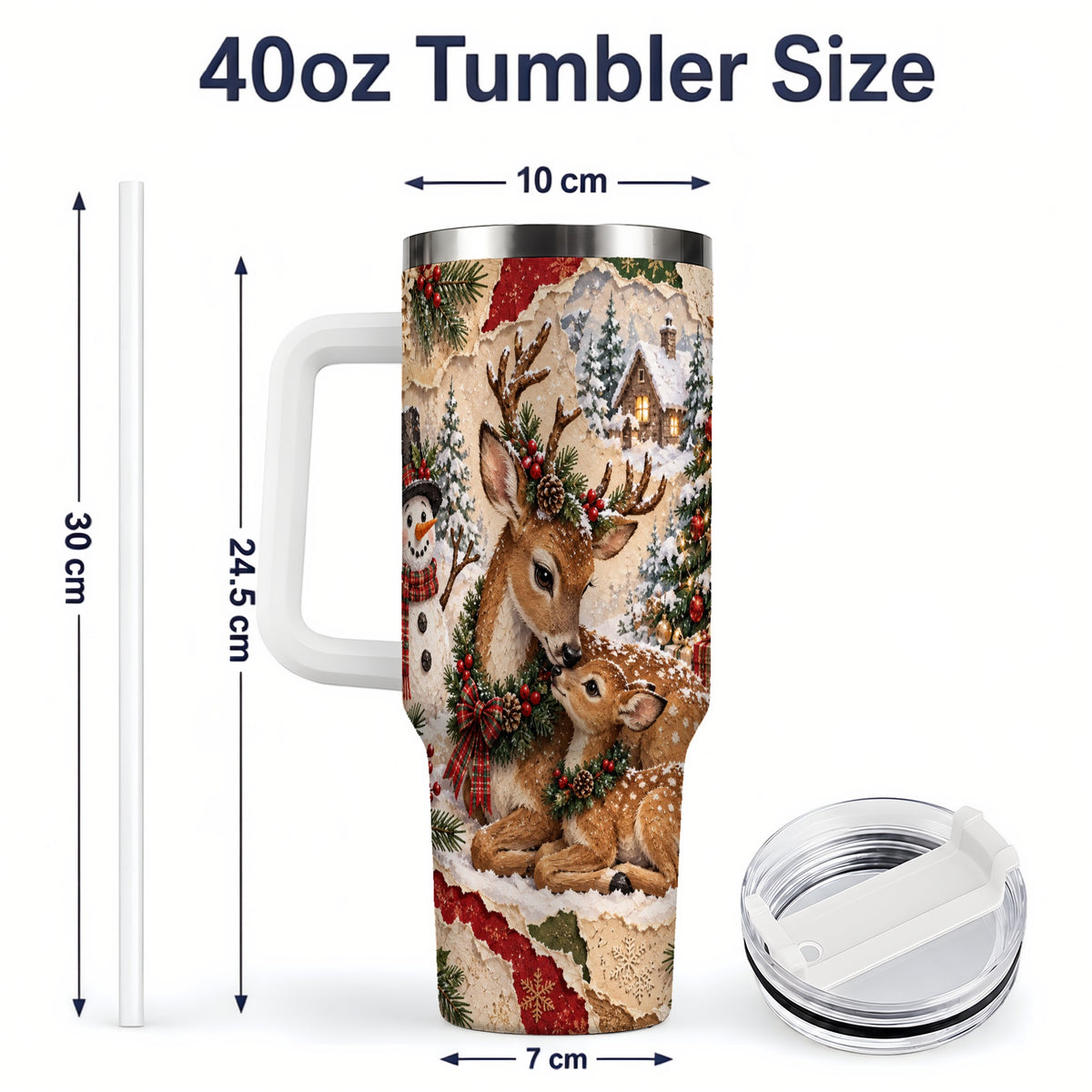 #pl[40oz|White] Christmas Deer 40oz Tumbler, Snowman Snowy Woodland Holiday Artwork