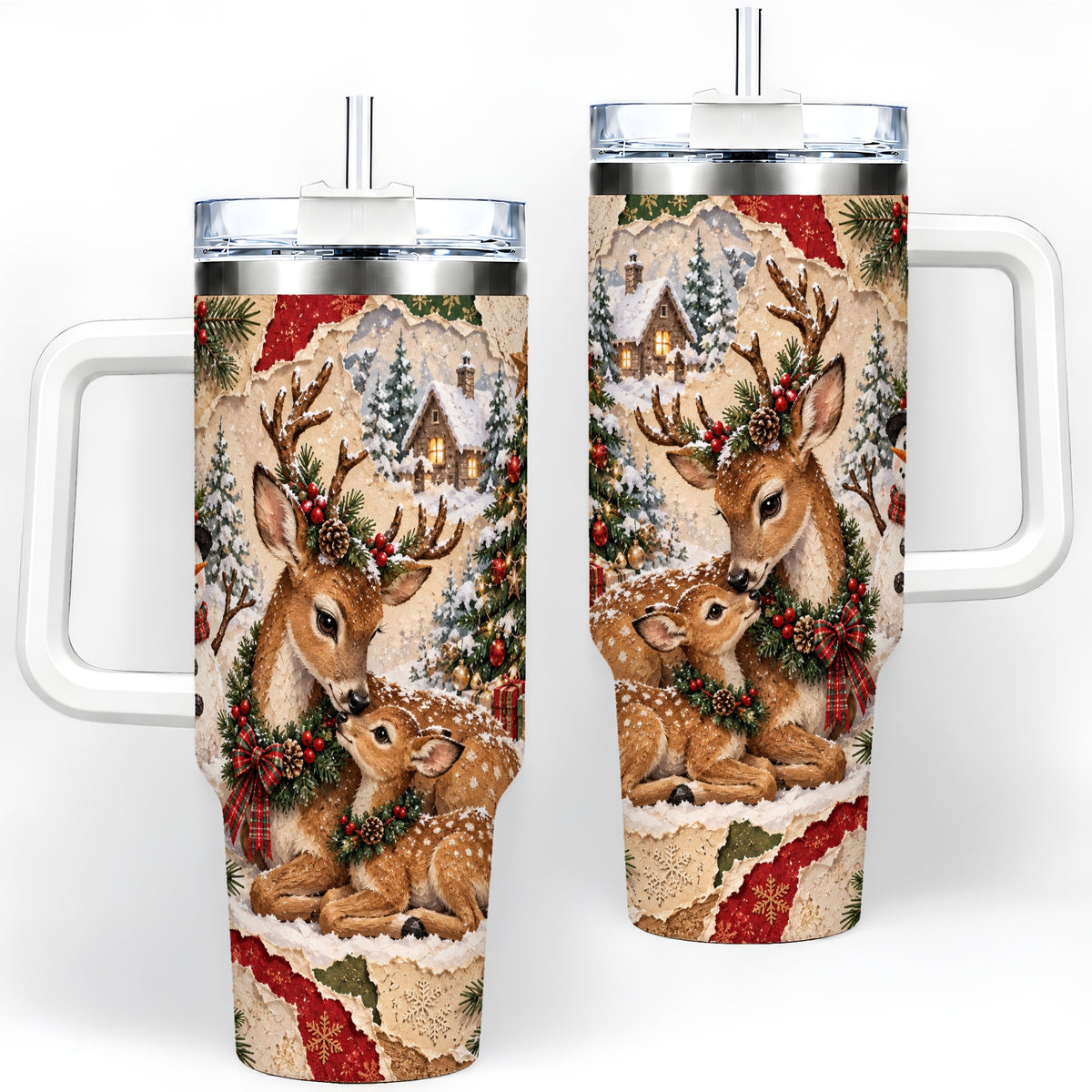Christmas Deer 40oz Tumbler, Snowman Snowy Woodland Holiday Artwork