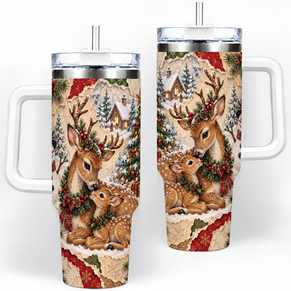 Christmas Deer 40oz Tumbler, Snowman Snowy Woodland Holiday Artwork