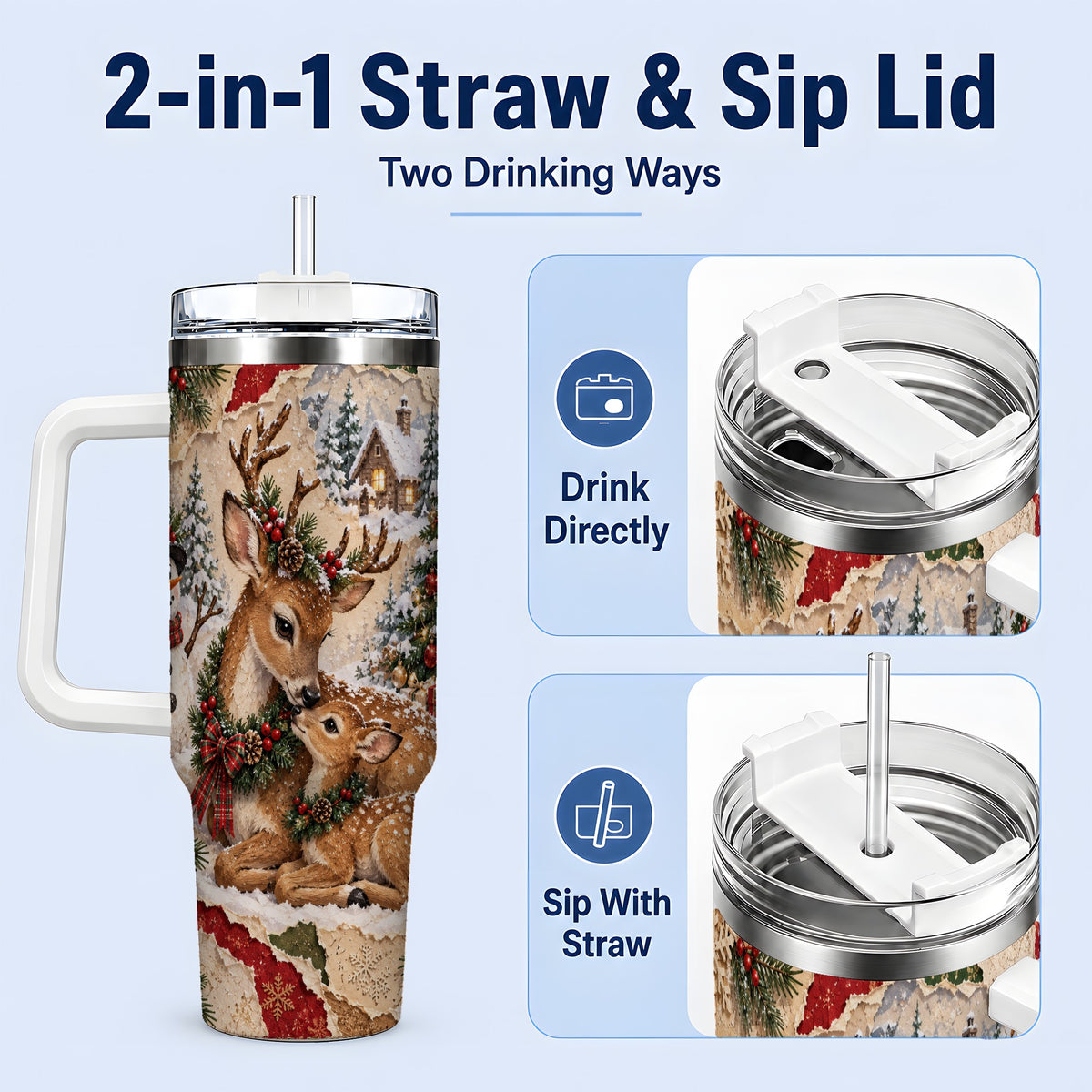 #pl[40oz|White] Christmas Deer 40oz Tumbler, Snowman Snowy Woodland Holiday Artwork